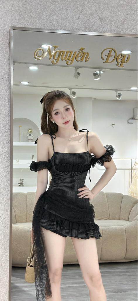 Set áo hai dây phối trễ vai kết hợp cùng chân váy  xếp ly dáng xòe (S03)