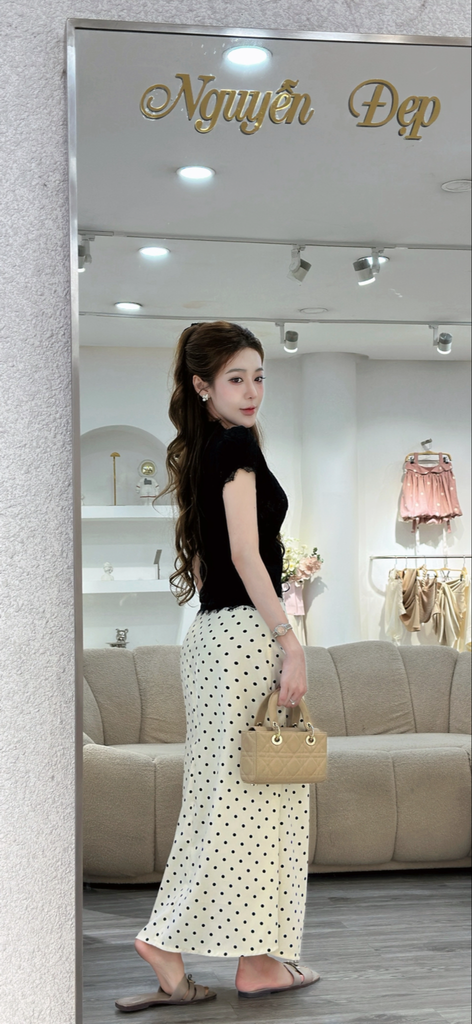 Set áo ren cổ V phối chân váy dài cotton chấm bi (S04)