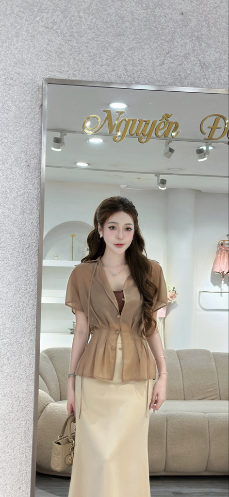 Set 3 món gồm áo thun hai dây phối áo voan và chân váy dáng dài (S28)
