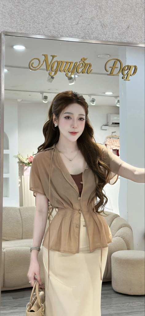 Set 3 món gồm áo thun hai dây phối áo voan và chân váy dáng dài (S28)