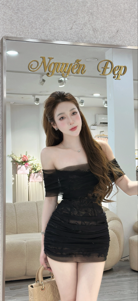 Đầm body ren phối lưới xuyên nhẹ trễ vai sang chảnh (R17)