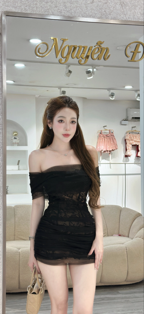 Đầm body ren phối lưới xuyên nhẹ trễ vai sang chảnh (R17)