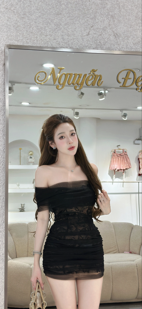 Đầm body ren phối lưới xuyên nhẹ trễ vai sang chảnh (R17)