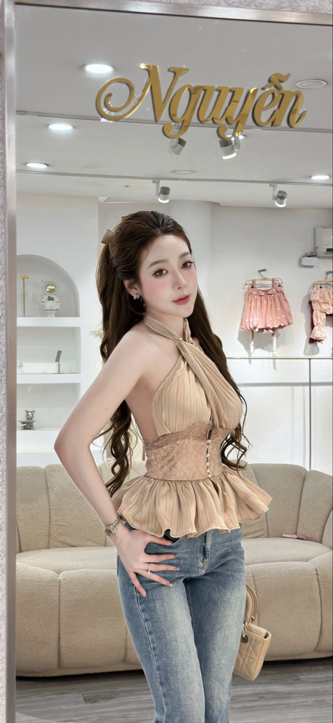 Áo yếm phối ren dáng ôm eo peplum (R56)