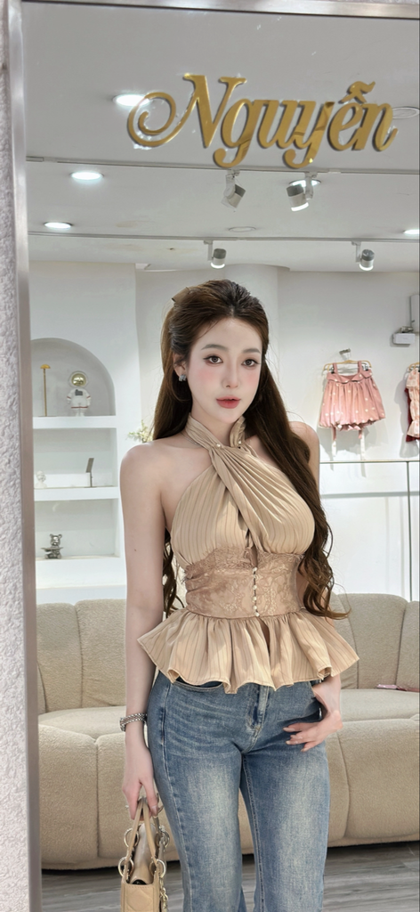 Áo yếm phối ren dáng ôm eo peplum (R56)