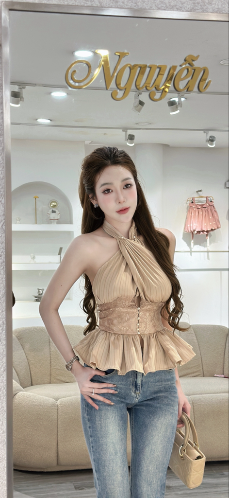 Áo yếm phối ren dáng ôm eo peplum (R56)