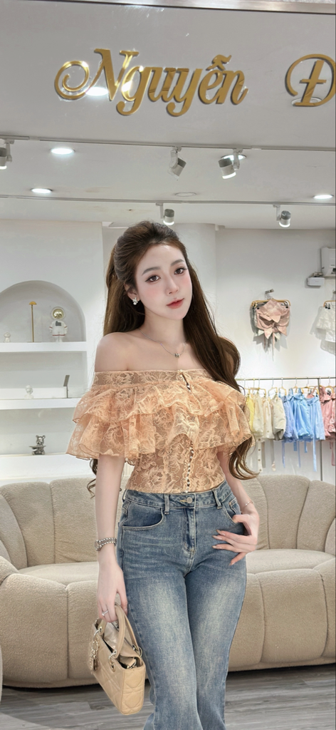 Áo ren bẹt vai phối tầng bèo (R50)