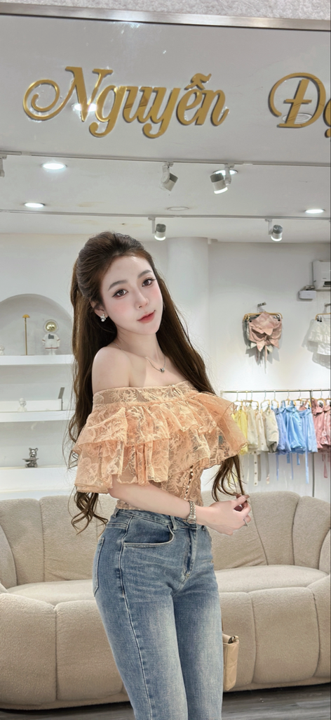 Áo ren bẹt vai phối tầng bèo (R50)