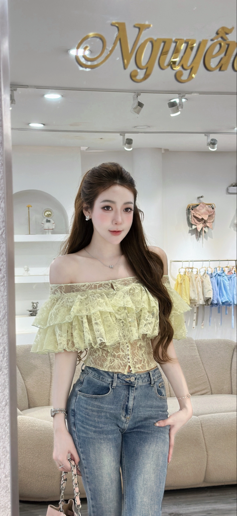 Áo ren bẹt vai phối tầng bèo (R50)