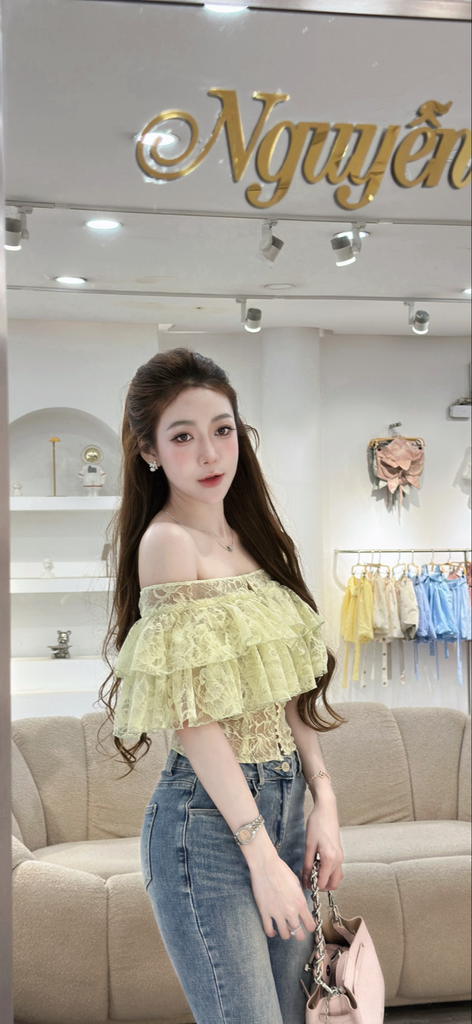Áo ren bẹt vai phối tầng bèo (R50)