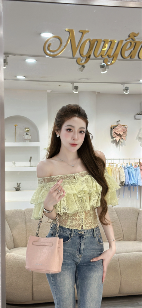 Áo ren bẹt vai phối tầng bèo (R50)