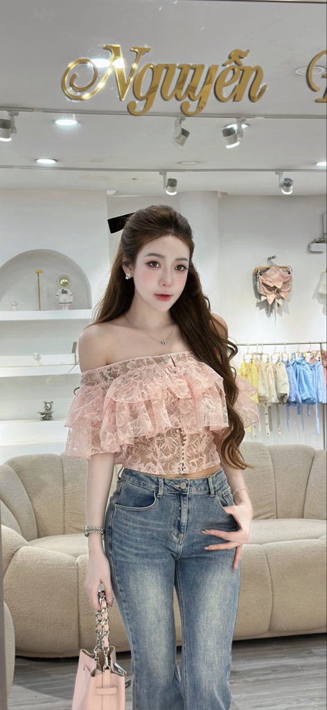 Áo ren bẹt vai phối tầng bèo (R50)