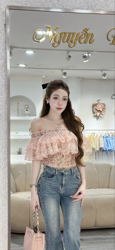Áo ren bẹt vai phối tầng bèo (R50)
