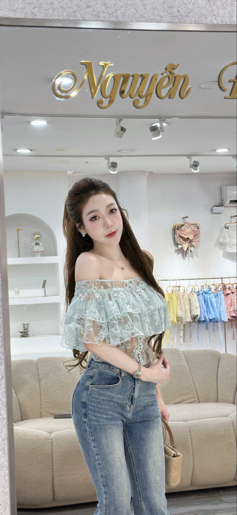 Áo ren bẹt vai phối tầng bèo (R50)