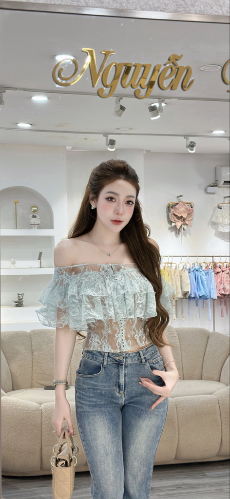 Áo ren bẹt vai phối tầng bèo (R50)