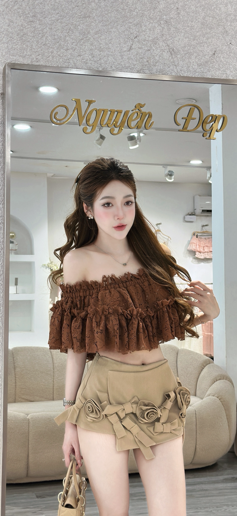 Set Áo Ren Bèo Nâu Trễ Vai Phối Chân Váy Hoa Hồng (S50)