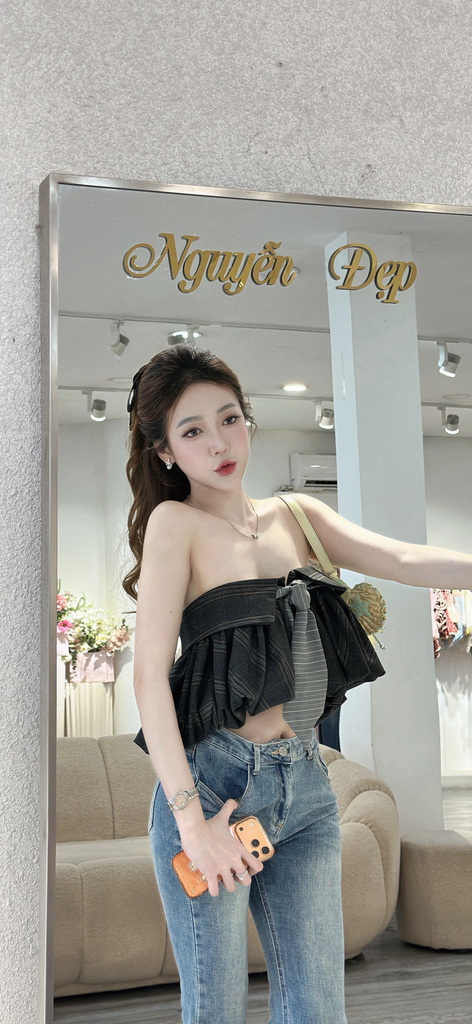 Áo cúp ngực dáng bí ngắn phối cà vạt (T67)