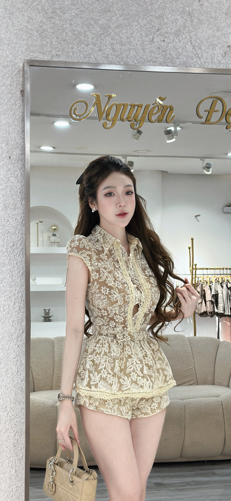 Jum ren hoa nổi phối thắt nơ eo (T50)