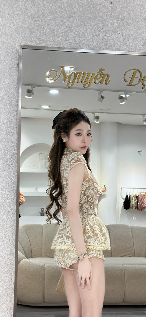 Jum ren hoa nổi phối thắt nơ eo (T50)