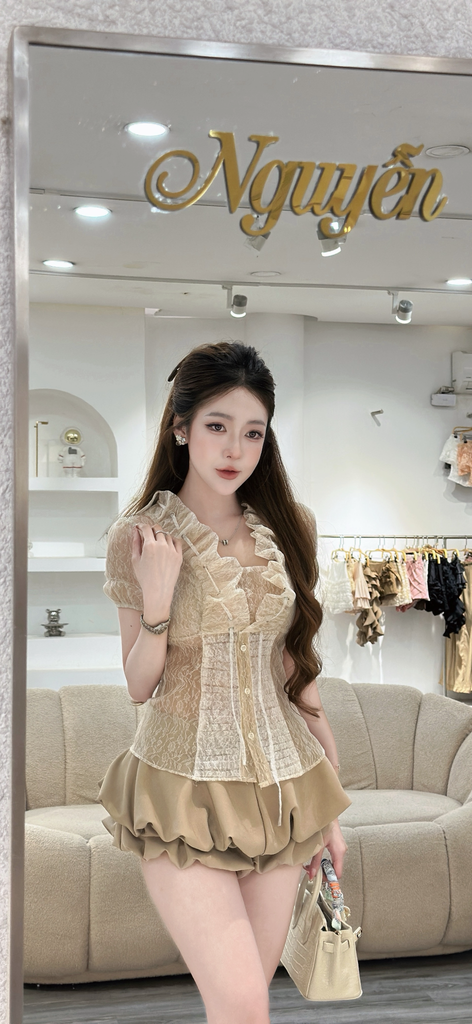 Set áo ren lưới và chân váy bí (T75)