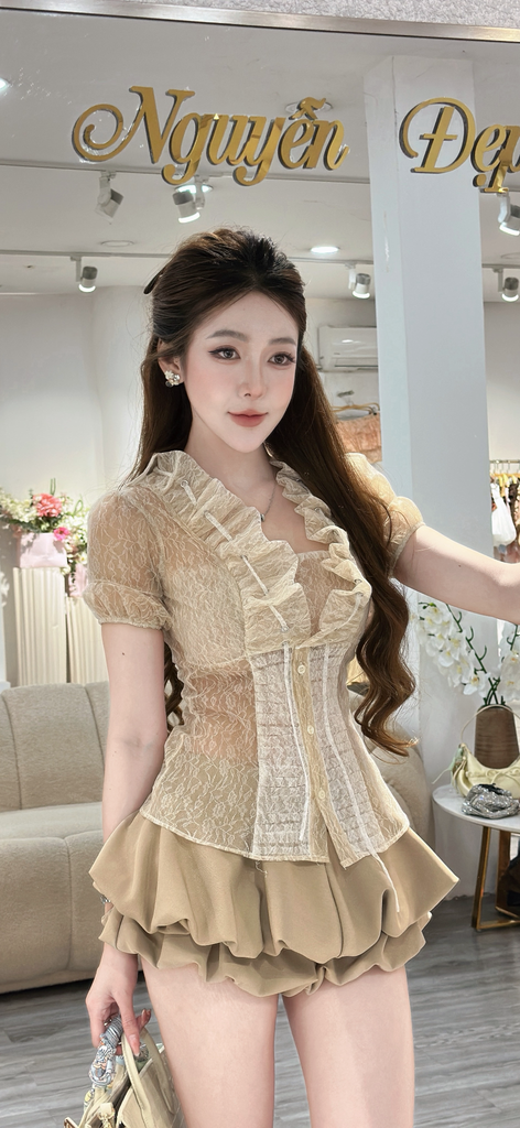 Set áo ren lưới và chân váy bí (T75)