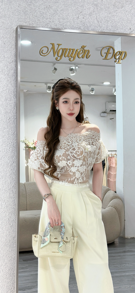 Set áo ren trễ vai phối quần ống suông (U62)