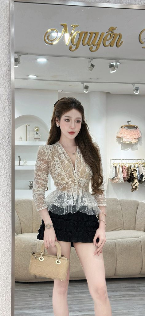 Set Áo Ren Dài Tay Cổ V Phối Chân Váy (V09)