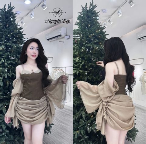 Đầm ôm dây bính tay rớt phối voan nhún (L44)