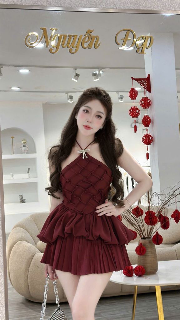 Set áo yếm 3D phối nơ đá và chân váy dập ly (O18)
