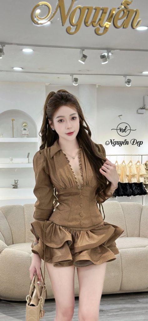 Set áo cổ V phối chân váy bồng (O45)