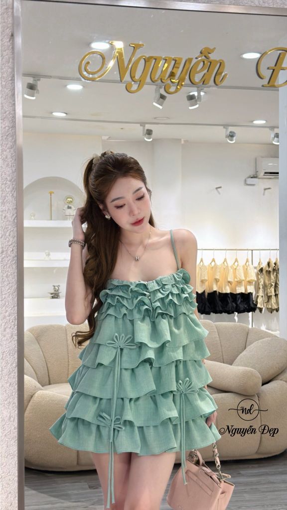 Đầm babydoll 2 dây tầng bèo phối quần short (O68)