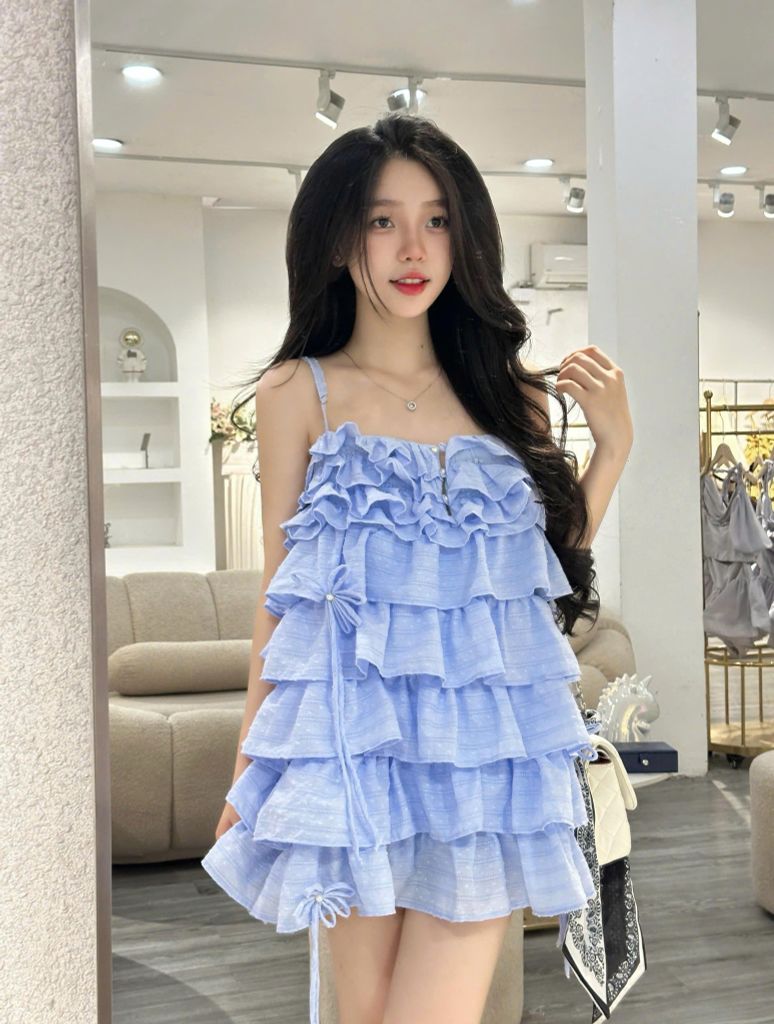 Đầm babydoll 2 dây tầng bèo phối quần short (O68)