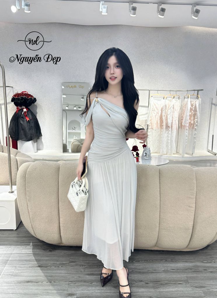 Đầm Dài Dáng Suông Lệch Vai Vải Thun Lưới Dẻo (P31)