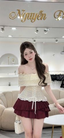 Set áo trễ vai vải xô viền ren và chân váy xược xếp ly tầng (P33)