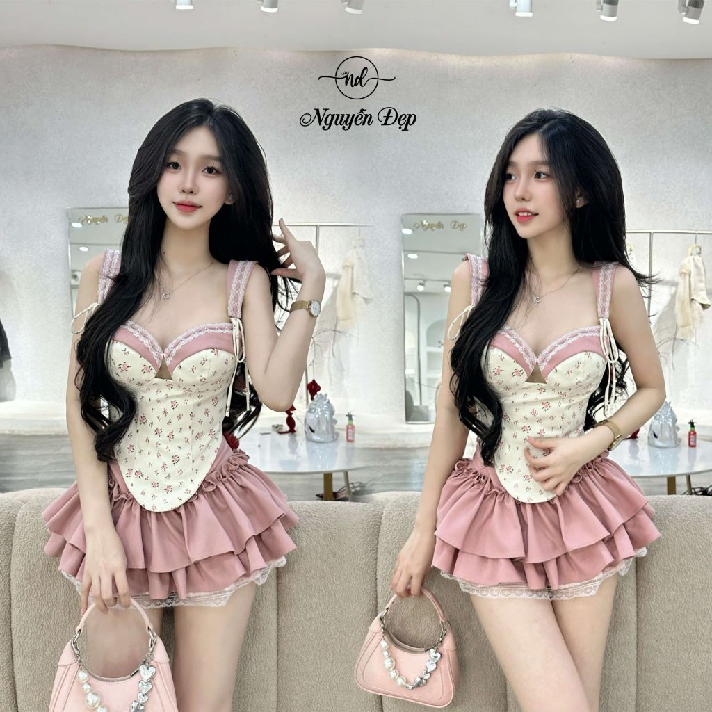 Set Áo Hoa Nhí Phối Chân Váy Tầng Bèo Hồng (P41)