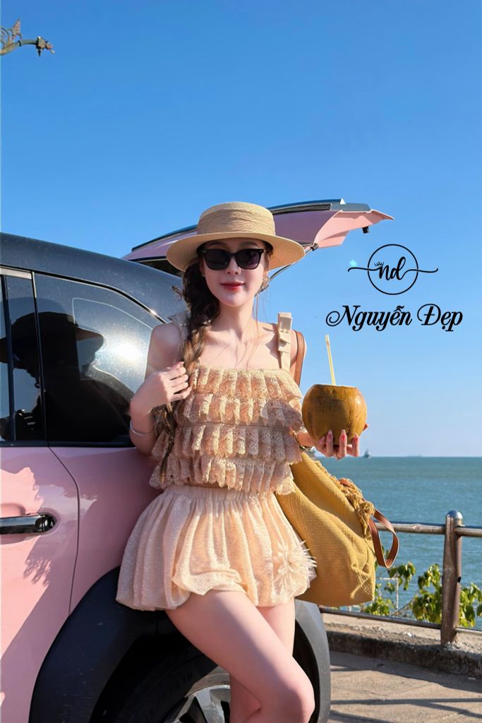 Set áo ren xếp tầng phối chân váy bí kim sa (Q08)