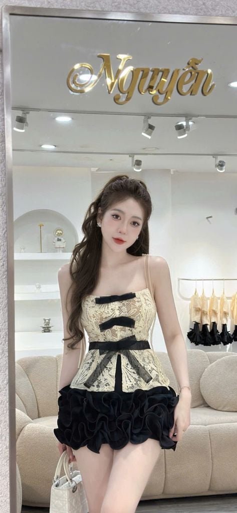 set áo 2 dây phối nơ và cv bèo hoa ( Q13)
