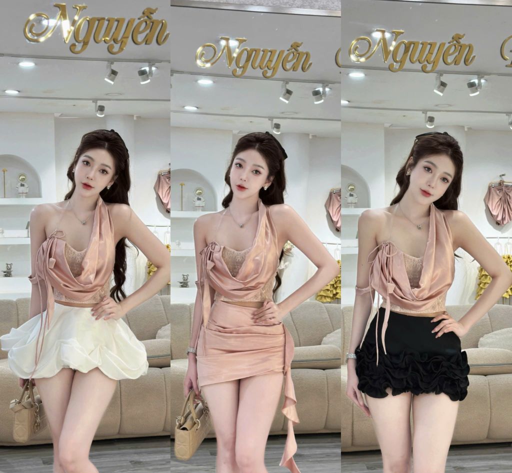 Áo cúp ngực phối cổ yếm và chân váy lụa ôm body (Q45)