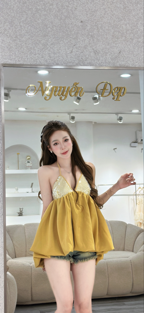 Áo cổ yếm kiểu babydoll kim sa lưng hở dáng xòe (Q55)