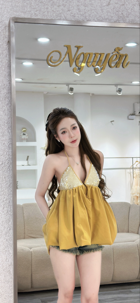 Áo cổ yếm kiểu babydoll kim sa lưng hở dáng xòe (Q55)