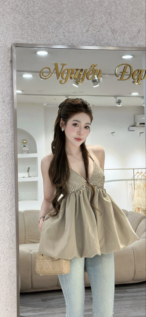 Áo cổ yếm kiểu babydoll kim sa lưng hở dáng xòe (Q55)