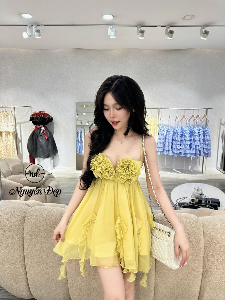 Đầm 2 dây babydoll voan phối hoa 3D (Q57)