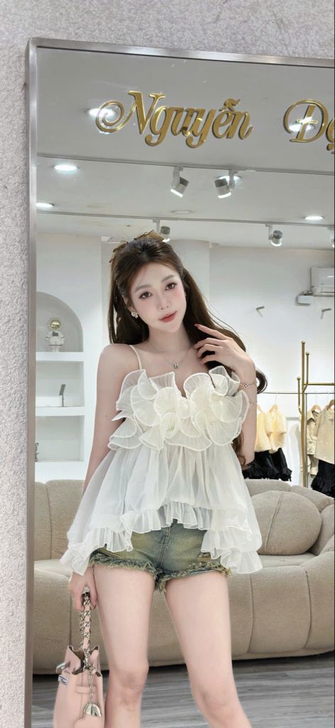 Áo hai dây voan nhún bèo dáng babydoll (Q59)