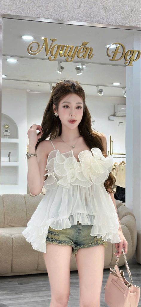 Áo hai dây voan nhún bèo dáng babydoll (Q59)