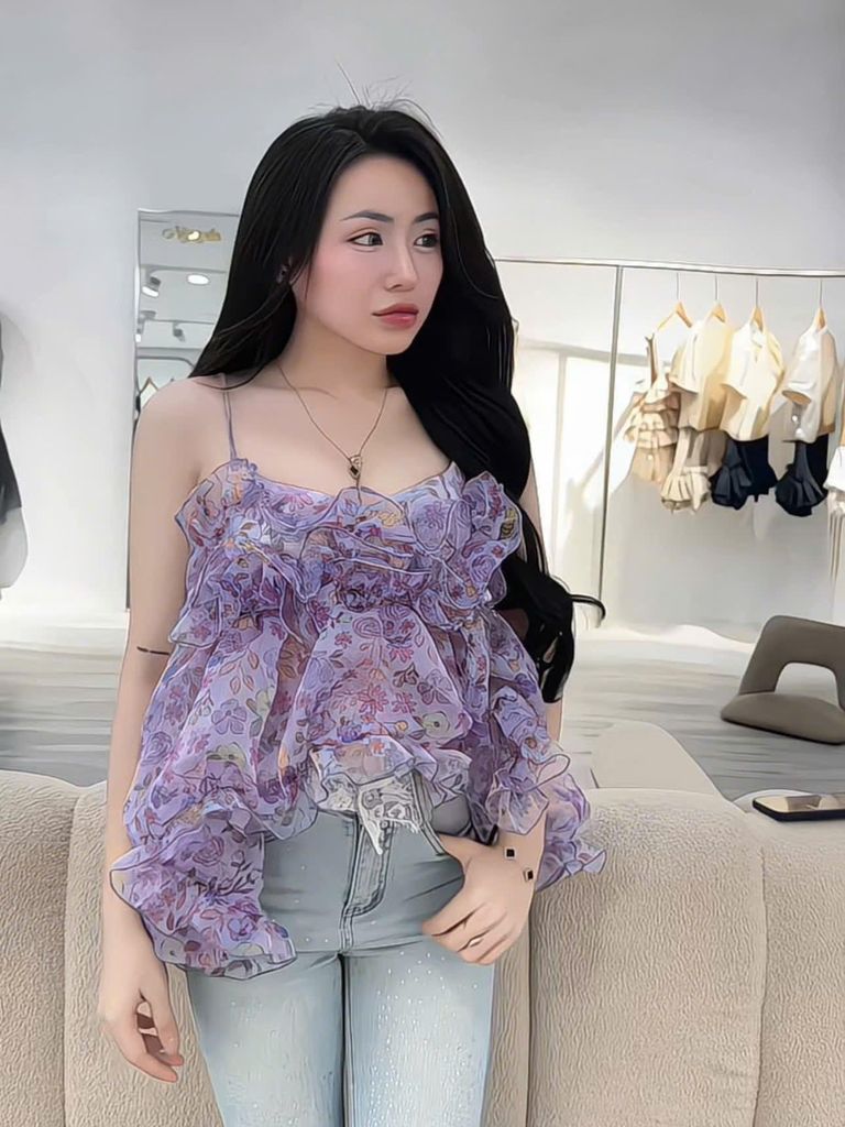 Áo hai dây voan nhún bèo dáng babydoll (Q59)
