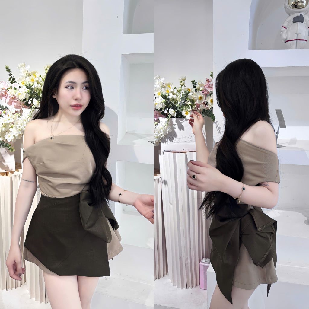 Set áo trễ vai và chân váy cách điệu phối nơ (Q70)