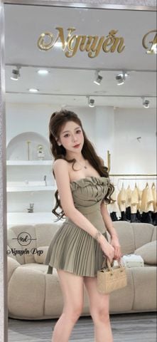 Set áo cúp ngực bèo nhún phối chân váy xếp ly dáng xòe (Q74)