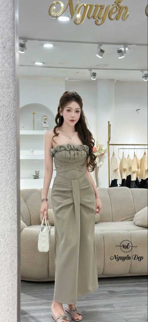 Set Áo Cúp Ngực Phối Chân Váy Dài Dáng Ôm Nhấn Ly Trước (Q76)