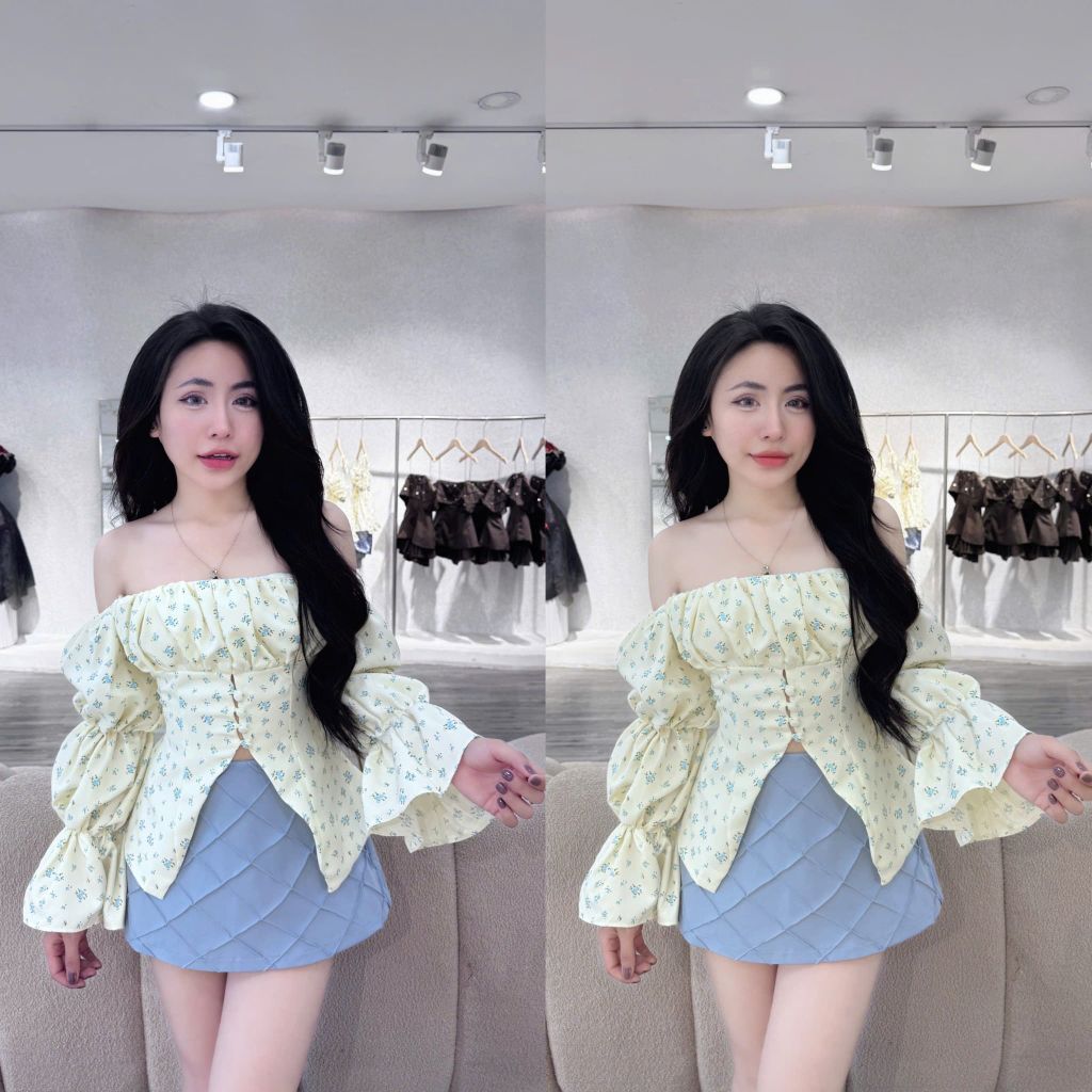 Set áo bẹt vai hoa nhí phối cv caro (Q78)