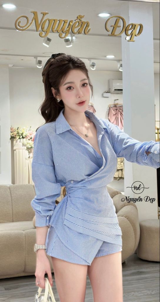 Set áo sơ mi phối quần short ngắn sọc xanh (R04)